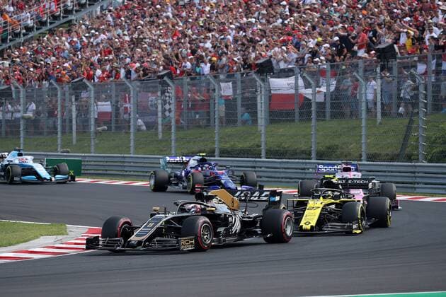 Photo4 LaPresse 04 08 2019 Budapest, Hungary Grand Prix Formula One Hungary 2019 In the pic: Romain Grosjean (FRA) Haas F1 Team VF-18 leads Nico Hulkenberg (GER) Renault Sport F1 Team RS19  Copyright: xPhoto4 LaPressex