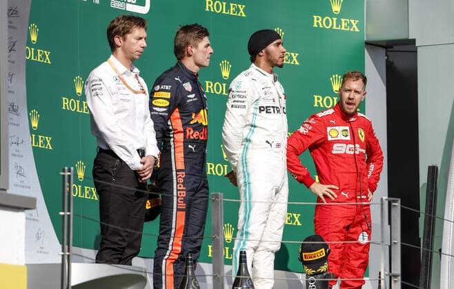 Motorsports: FIA Formula One World Championship, WM, Weltmeisterschaft 2019, Grand Prix of Hungary, James Vowles (GBR, Mercedes AMG Petronas Motorsport), 33 Max Verstappen (NLD, Aston Martin Red Bull Racing), 44 Lewis Hamilton (GBR, Mercedes AMG Petronas Motorsport), 5 Sebastian Vettel (GER, Scuderia Ferrari Mission Winnow), Budapest Hungary