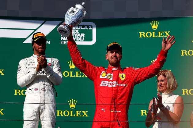 44 Lewis Hamilton Mercedes AMG Team 05 Sebastian Vettel, Scuderia Ferrari. Hungarian GP, Budapest 2-4 August 2019 Budapest 04 08 2019 GP Hungary Formula 1 Championship 2019 Race Photo Federico Basile Insidefoto federicoxbasile