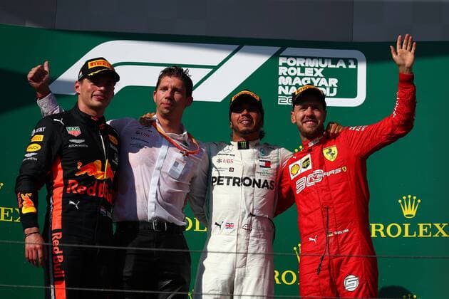 Podium Hungarian GP 2019 33 Max Verstappen Aston Martin Red Bull Racing Honda 44 Lewis Hamilton Mercedes AMG Team F1 05 Sebastian Vettel, Scuderia Ferrari Budapest 2-4 August 2019 Budapest 04 08 2019 GP Hungary Formula 1 Championship 2019 Race Photo Federico Basile Insidefoto federicoxbasile