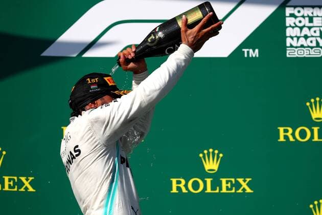 44 Lewis Hamilton Mercedes AMG Team celebrates victory F1. Hungarian GP, Budapest 2-4 August 2019 Budapest 04 08 2019 GP Hungary Formula 1 Championship 2019 Race Photo Federico Basile Insidefoto federicoxbasile