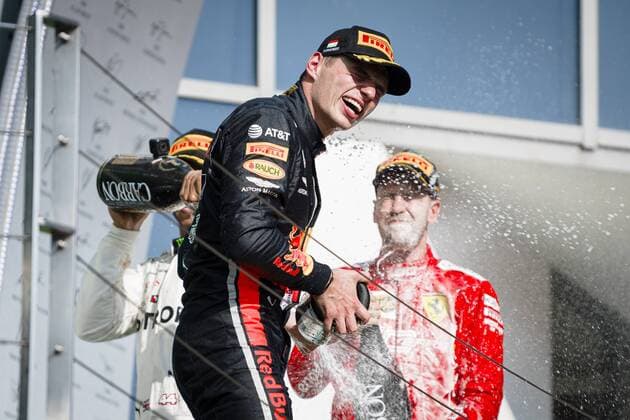 August 4, 2019, Budapest, Hungary: Red Bull Racing™s Dutch driver Max Verstappen (C), Mercedes AMG Petronas F1 Team™s British driver Lewis Hamilton (L) and Scuderia Ferrari™s German driver Sebastian Vettel (R) spray champagne after the Hungarian F1 Grand Prix race at Hungaroring. Formula 1, Hungarian Grand Prix in Budapest, Hungary - 04 Aug 2019 - ZUMAs197 20190804_zaa_s197_120 Copyright: xJurexMakovecx