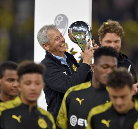 03 08 2019, Football 2019 2020, Supercup 2019, Borussia Dortmund FC Bayern Munich, at Signal Iduna Park Stadion Dortmund, award ceremony, Dortmund celebrates the Supercup victory, coach Lucien Favre Dortmund celebrates with the winner trophy DFL and DFB regulations prohibit any use of photographs as image sequences and or quasi video