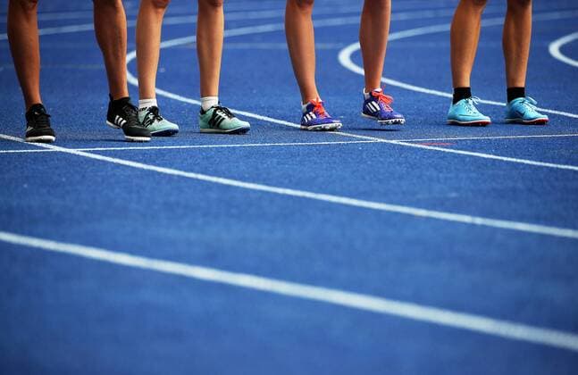 BAU 04 08 2019 Berlin Athletics German Athletics Championships, Feature running shoes with spikes on blue tartan track