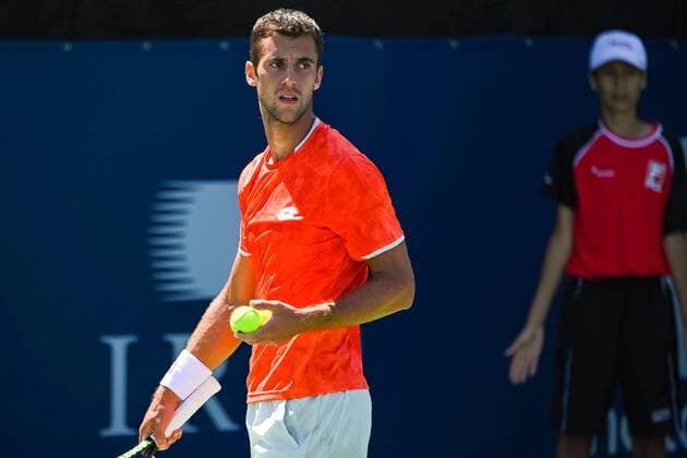 MONTREAL, QC - AUGUST 05: Laslo Djere (SRB) looks towards his opponent before serving the ball during the ATP, Tennis Herren Coupe Rogers first round match on August 5, 2019 at IGA Stadium in Montreal, QC (Photo by David Kirouac Icon Sportswire) TENNIS: AUG 05 Coupe Rogers Icon190805018