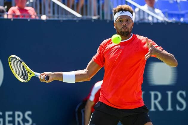 MONTREAL, QC - AUGUST 05: Jo-Wilfried Tsonga (FRA) looks at the ball before returning it during the ATP, Tennis Herren Coupe Rogers first round match on August 5, 2019 at IGA Stadium in Montreal, QC (Photo by David Kirouac Icon Sportswire) TENNIS: AUG 05 Coupe Rogers Icon190805029