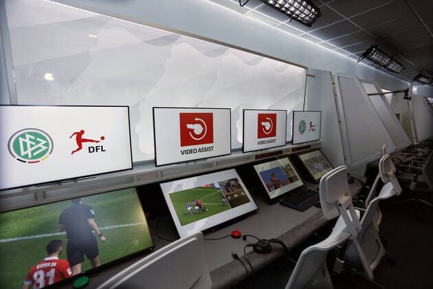 Cologne, Germany, 05 08 2019 Workstations with numerous monitors in the redesigned and expanded Video Assist Center VAC room in the cellar of the Cologne Broadcasting Center in Cologne