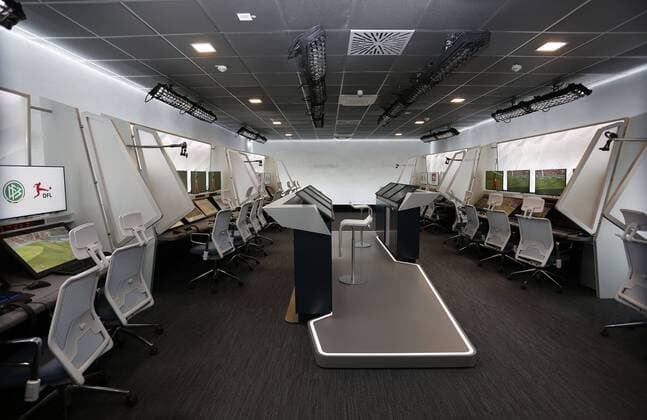 Cologne, Germany, 05 08 2019 Workstations with numerous monitors in the redesigned and expanded Video Assist Center VAC room in the cellar of the Cologne Broadcasting Center in Cologne