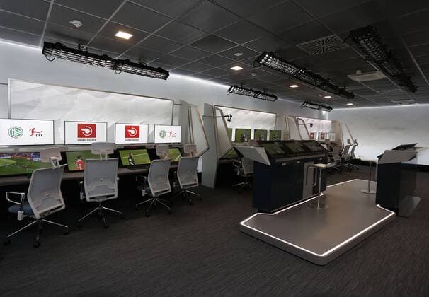 Cologne, Germany, 05 08 2019 Workstations with numerous monitors in the redesigned and expanded Video Assist Center VAC room in the cellar of the Cologne Broadcasting Center in Cologne
