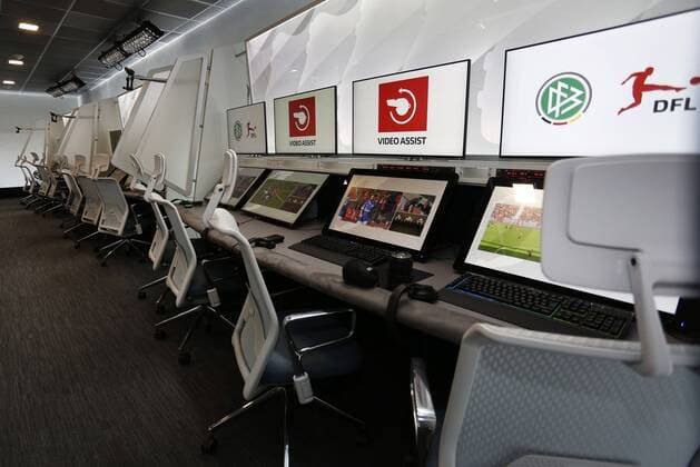 Cologne, Germany, 05 08 2019 Workstations with numerous monitors in the redesigned and expanded Video Assist Center VAC room in the cellar of the Cologne Broadcasting Center in Cologne