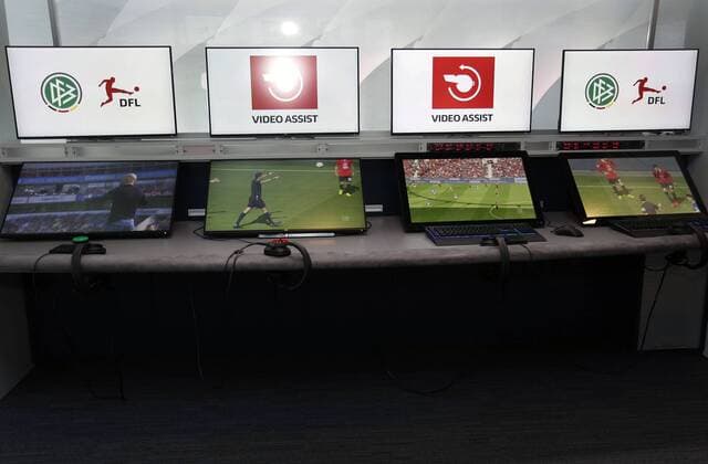 Cologne, Germany, 05 08 2019 Workstations with numerous monitors in the redesigned and expanded Video Assist Center VAC room in the cellar of the Cologne Broadcasting Center in Cologne