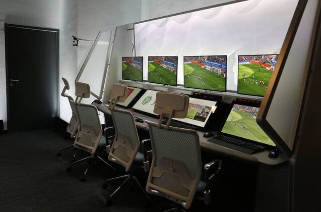 Cologne, Germany, 05 08 2019 Workstations with numerous monitors in the redesigned and expanded Video Assist Center VAC room in the cellar of the Cologne Broadcasting Center in Cologne