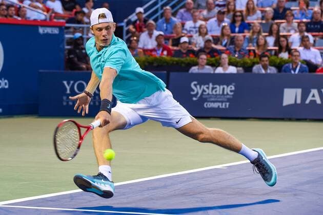 MONTREAL, QC - AUGUST 05: Denis Shapovalov (CAN) runs towards the ball to return it during the ATP, Tennis Herren Coupe Rogers first round match on August 5, 2019 at IGA Stadium in Montreal, QC (Photo by David Kirouac Icon Sportswire) TENNIS: AUG 05 Coupe Rogers Icon190805084