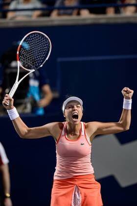 TORONTO, ON - AUGUST 05: Anett Kontaveit (EST) celebrates after winning her first round match of the Rogers Cup tennis tournament on August 5, 2019, at Aviva Centre in Toronto, ON, Canada. (Photo by Julian Avram Icon Sportswire) TENNIS: AUG 05 Rogers Cup Icon190805238