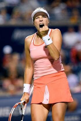 TORONTO, ON - AUGUST 05: Anett Kontaveit (EST) celebrates after winning a point during her first round match of the Rogers Cup tennis tournament on August 5, 2019, at Aviva Centre in Toronto, ON, Canada. (Photo by Julian Avram Icon Sportswire) TENNIS: AUG 05 Rogers Cup Icon190805786