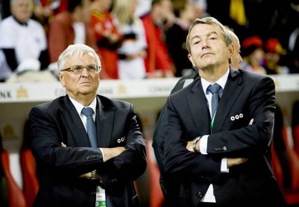 World Cup scandal Switzerland complains ex DFB bosses Niersbach and Zwanziger to DFB president Dr Theo ZWANZIGER li archive photo with DFB secretary general Wolfgang NIERSBACH, both Germany, half-figure, skeptical, football friendly, Germany GER South Africa RSA 2 0, on 05 09 2009 in Leverkusen,
