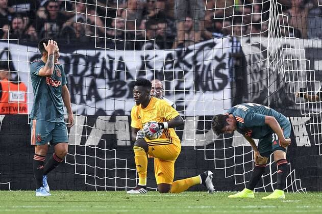 THESSALONIKI , 06-08-2019 , Stadio Toumba , Champions League third qualifying round season 2019-2020 , Ajax player Lisandro Martinez (L) Ajax goalkeeper Andre Onana (C) and Ajax defender Nicolas Tagliafico (R) dejected after the 1-1 during the game PAOK - Ajax. PAOK - Ajax  x4058552x Copyright: