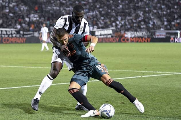 THESSALONIKI , 06-08-2019 , Stadio Toumba , Champions League third qualifying round season 2019-2020 , PAOK player Anderson Esiti (L) and Ajax player Dusan Tadic (R) during the game PAOK - Ajax. PAOK - Ajax  x4058930x Copyright: