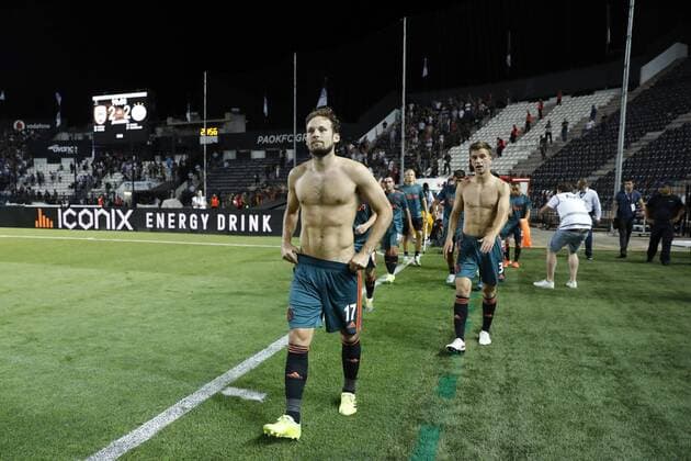 (l-r) Daley Blind of Ajax, Joel Veltman of Ajax during the UEFA Champions League third round qualifying first leg match between PAOK FC and Ajax Amsterdam at Toumba stadium on August 06, 2019 in Thessaloniki, Greece UEFA Champions League 2019 2020 xVIxVIxImagesx xMauricexvanxSteenxIVx 200758130