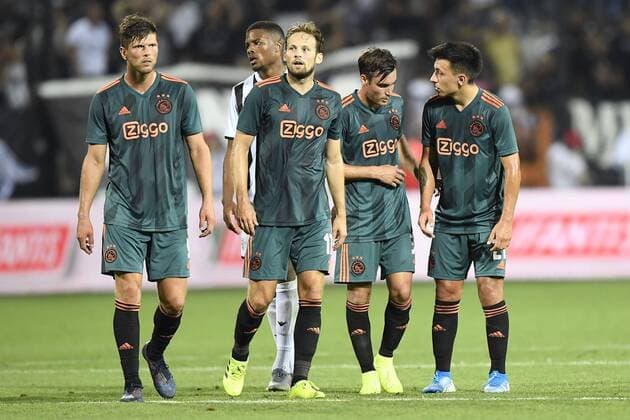 THESSALONIKI , 06-08-2019 , Stadio Toumba , Champions League third qualifying round season 2019-2020 , Ajax player Klaas Jan Huntelaar , Ajax player Daley Blind , Ajax player Nico Tagliafico and Ajax player Lisandro Martinez after the match PAOK - Ajax PAOK - Ajax  x4058966x Copyright: