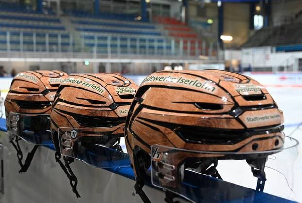 Iserlohn, Germany, 06 08 2019, season 2019 2020, DEL, Iserlohn Roosters, team photo and player portraits, helmet Iserlohn Roosters in wood design Holzkoeppe Iserlohn North Rhine Westphalia Germany eu images 09 521 023943 eu-images-521