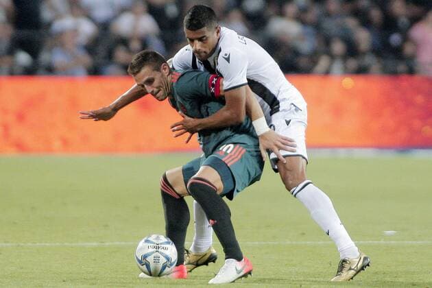 THESSALONIKI , 06-08-2019 , Stadio Toumba , Champions League third qualifying round season 2019-2020 , Dusan Tadic and Leo Jaba during the game PAOK - Ajax 2-2 PAOK - Ajax  x4058969x Copyright: