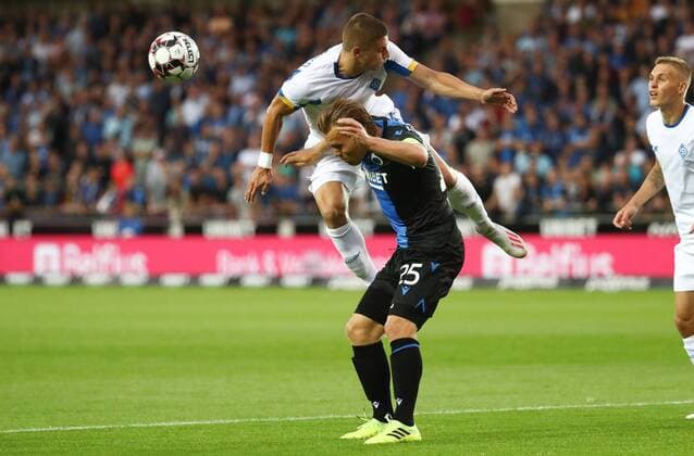 Club s Ruud Vormer and Dynamo s Vitaliy Mykolenko fight for the ball during a game between Belgian soccer team Club Brugge and Ukrainian club Dynamo Kyiv, in the third qualifying round of the UEFA Champions League competition, Tuesday 06 August 2019 in Brugge. VIRGINIExLEFOUR  x05639461x
