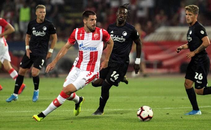 06.07.2019 Belgrade(Serbia) FK Crvena Zvezda(FC Red Star)-Kobenhavn Copenhagen Third round champions league qualify men s football Milos Degenek(C) FK Crvena Zvezda(FC Red Star),Dame N Diaye N Doye(behind),Carlo Holse(R) FC Copenhagen : 