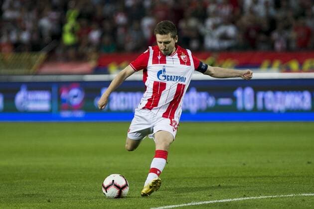 6th August 2019; Rajko Mitic Stadium, Belgrade, Serbia; UEFA Champions League Qualifying Third Leg First Round Red Star Belgrade versus FC Copenhagen; Marin of Red Star Belgrade shoots on goal - Editorial Use  ActionPlus12158426 NikolaxKrstic