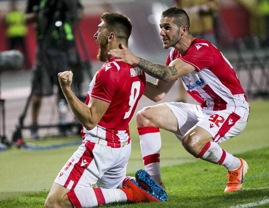 6th August 2019; Rajko Mitic Stadium, Belgrade, Serbia; UEFA Champions League Qualifying Third Leg First Round Red Star Belgrade versus FC Copenhagen; Pavkov of Red Star Belgrade celebrates after scoring his goal in 44th minute for 1-0 with Vukanovic of Red Star Belgrade - Editorial Use  ActionPlus12158440 NikolaxKrstic