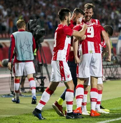 6th August 2019; Rajko Mitic Stadium, Belgrade, Serbia; UEFA Champions League Qualifying Third Leg First Round Red Star Belgrade versus FC Copenhagen; Pavkov of Red Star Belgrade celebrates after scoring his goal in 44th minute for 1-0 with his team mates - Editorial Use  ActionPlus12158443 NikolaxKrstic