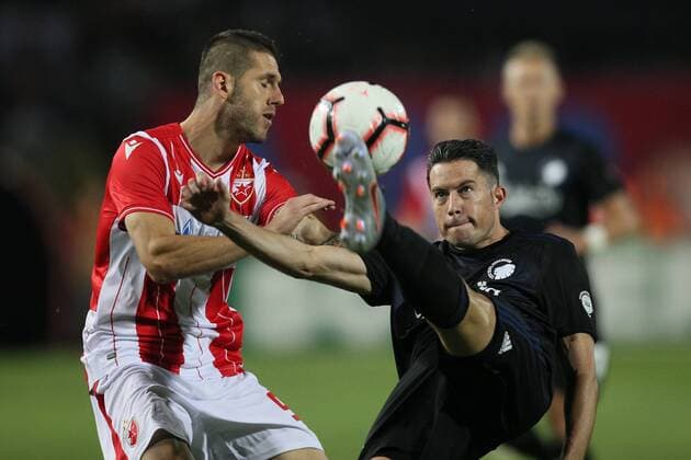 ALEKSA VUKANOVIC of Crvena zvezda during UEFA Champions league qualification match against BRYAN OVIEDO of Copenhagen at Rajko Mitic stadium, Belgrad 06.08.2019. MarkoxMetlas 