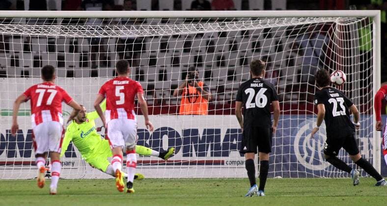 06.07.2019 Belgrade(Serbia) FK Crvena Zvezda(FC Red Star)-Kobenhavn Copenhagen Third round champions league qualify men s football Jonas Wind(r) FC Copenhagen scoring first goal for his team from penalty beside Milan Borjan(L)FK Crvena Zvezda (FC Red Star) : 