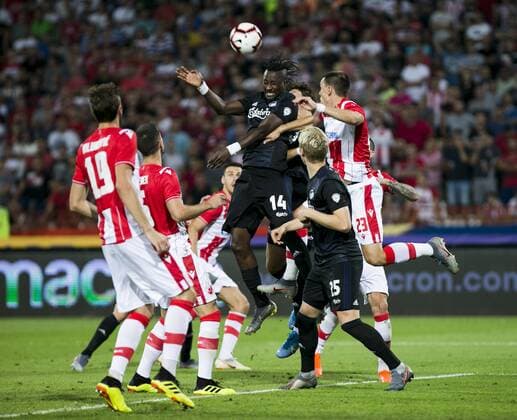 6th August 2019; Rajko Mitic Stadium, Belgrade, Serbia; UEFA Champions League Qualifying Third Leg First Round Red Star Belgrade versus FC Copenhagen; N& x2019;Doye of FC Copenhagen surrounded in the area - Editorial Use  ActionPlus12158446 NikolaxKrstic