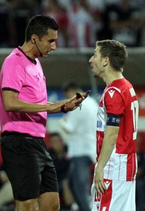 06.08.2019 Belgrade(Serbia) FK Crvena Zvezda(FC Red Star)-Kobenhavn Copenhagen Third round champions league qualify men s football Tiago Martins(L) Portugal referee, Marko Marin (r) FC Red Star : 