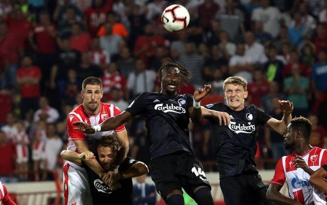 06.08.2019 Belgrade(Serbia) FK Crvena Zvezda(FC Red Star)-Kobenhavn Copenhagen Third round champions league qualify men s football Milos Degenek FK Crvena Zvezda(FC Red Star), Pierre Bengtsson,Dam N Doye,Jens Stage FC Copenhagen : 