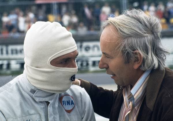 Jochen Mass left drove successfully touring car race for Ford and came 1973 with the GP Silverstone to a first start in the Formula 1 the race was already finished in the first round by a mass collision but he became 1973 vice European champion of the Formula 2 in a monoposto of John Surtees right in his second Formula 1 race the GP Germany In 1973 he reached rank 7 in the race after starting from rank 15, whereupon Mass got a regular place in the Formula 1 team of John Surtees which he left however after quarrels with Surtees to start for McLaren in 1975 RIGHT IM PHOTO Team Manager John Surtees former racing driver until today 2019 the only racing driver who both on four and on two wheels World Champion was driver World Champion of Formula 1 for Ferrari 1965 he was motorcycle World Champion 500cc in 1956 1958 1959 1960 on Norton 350cc World Champion in 58 59 60 on Norton MV Agusta in the 250cc class he was World Championship seventh on NSU his first race contested the son of a motorcycle dealer with 14 years in motorcycle sidecar together with his father victorious but when the race control learned his age he was disqualified sports car drove Surtees later also and won 1963 and 1965 on the Nürburgring in the 1000km race John Surtees was born on 11 02 1934 and died on 10 03 2017 as the then oldest Formula 1 world champion the oldest living Formula 1 world champion at present is Jackie Stewart