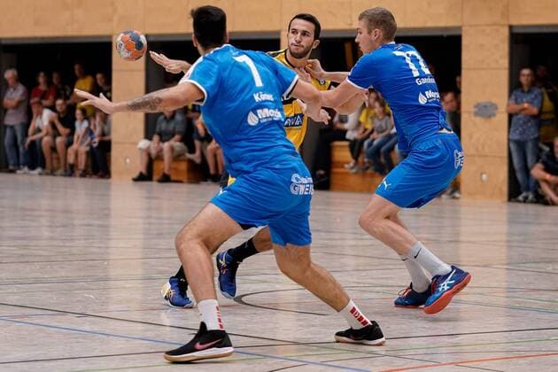v left Alexander Klimovets SG 1887 Nussloch, 7 , Romain Lagarde RNL, 8 , David Ganshorn SG 1887 Nussloch , 07 08 2019, Östringen Germany , Handball, Test match, Rhein Neckar Löwen SG Nußloch xozx