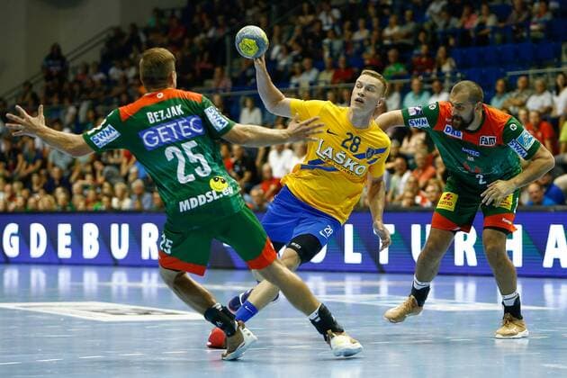 07 08 2019, xtgx, handball test match, SC Magdeburg RK Celje emspor, v l Jan Grebenc Celje at the ball Haldensleben