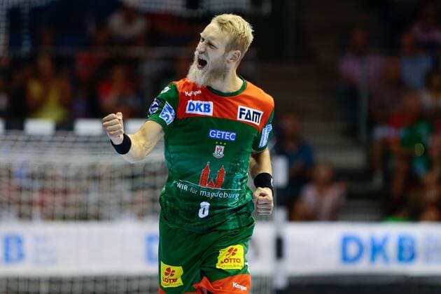 07 08 2019, xtgx, handball test match, SC Magdeburg RK Celje emspor, v l Matthias Musche Magdeburg, 6 cheers, goal celebration, celebrate the goal, celebration Haldensleben