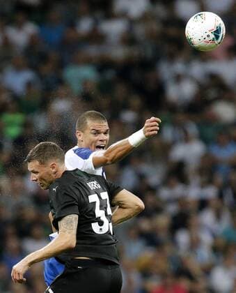 KRASNODAR, RUSSIA - AUGUST 7, 2019: Krasnodar s Marcus Berg (L) and Porto s Pepe in action in the 2019 20 UEFA Champions League third qualifying round match between FC Krasnodar and FC Porto at Krasnodar Stadium. Valery Matytsin TASS  TS0B5B43