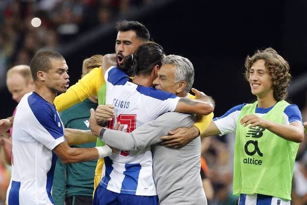 KRASNODAR, RUSSIA - AUGUST 7, 2019: Porto s players and coaches celebrate their victory in the 2019 20 UEFA Champions League third qualifying round match between FC Krasnodar and FC Porto at Krasnodar Stadium. Valery Matytsin TASS  TS0B5B58
