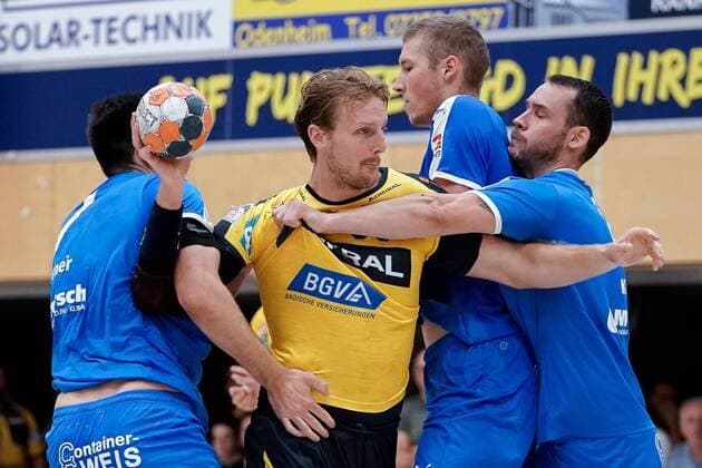 v left Alexander Klimovets SG 1887 Nussloch, 7 , Jesper Nielsen RNL, 36 , Theo Surblys SG 1887 Nussloch, 72 , Simon Kuch SG 1887 Nussloch, 4 , Duel, duel, match scene, duel, tackle, tackling, dynamics, action, action, 07 08 2019, Östringen Germany , Handball, test game, Rhein Neckar Löwen SG Nußloch xozx