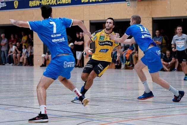 v li Alexander Klimovets SG 1887 Nussloch, 7 , Romain Lagarde RNL, 8 , David Ganshorn SG 1887 Nussloch , Action, Action, Scene, 07 08 2019, Östringen Germany , Handball, Test match, Rhein Neckar Löwen SG Nussloch xozx