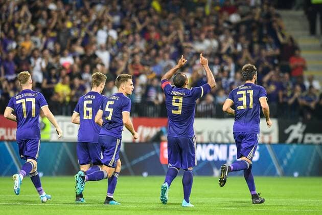August 7, 2019, Maribor, Slovenia: Marcos Tavares of Maribor and his teammates celebrating their first goal during the 1st Leg Football match between NK Maribor (SLO) and Rosenborg BK (NOR) in Third qualifying round of UEFA Champions League..Final Score: NK Maribor 1-3 Rosenborg BK NK Maribor vs Rosenborg BK in Maribor, Slovenia - 7 AUG 2019 - ZUMAs197 20190807_zaa_s197_126 Copyright: xMilosxVujinovicx