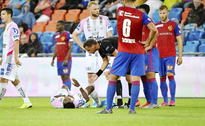 07 08 2019 Basel Football Men Season 2019 2020 Champions League Qualification FC Basel Linzer ASK In the picture Samuel Tetteh LASK on the floor