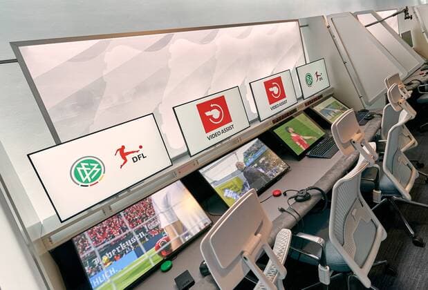 Scenes of a DFL Bundesliga football match on the monitors of the redesigned and expanded Video Assist Center VAC at the Cologne Broadcasting Center in Cologne together with the video operators in Cologne, August 05, 2019, Season 2019 2020. Photographer: Rene Schiffer Peter Schatz Photography