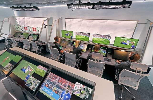 DFB referee Bibiana STEINHAUS re and her colleague Thorben SIEWER li watch scenes of a DFL Bundesliga football match on the monitors of the redesigned and expanded Video Assist Center VAC at the Cologne Broadcasting Center in Cologne together with the video operators in Cologne, August 05, 2019, Season 2019 2020. Photographer: Rene Schiffer Peter Schatz Photography