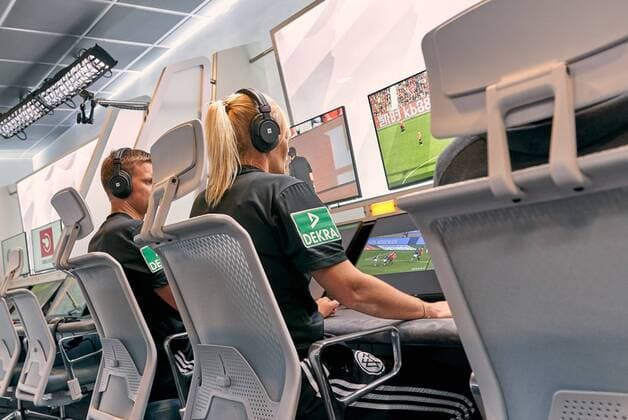 DFB referee Bibiana STEINHAUS re and her colleague Thorben SIEWER li watch scenes of a DFL Bundesliga football match on the monitors of the redesigned and expanded Video Assist Center VAC at the Cologne Broadcasting Center in Cologne together with the video operators in Cologne, August 05, 2019, Season 2019 2020. Photographer: Rene Schiffer Peter Schatz Photography