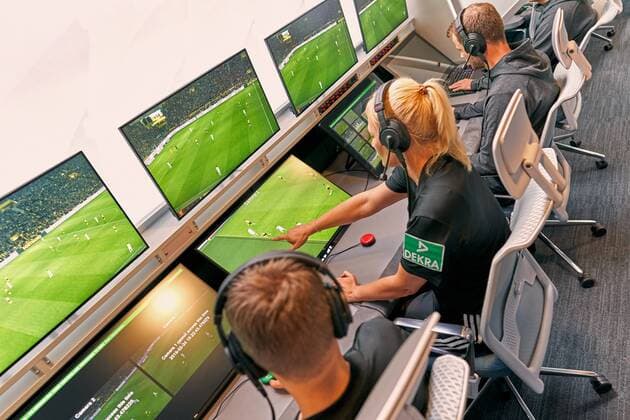 DFB referee Bibiana STEINHAUS re and her colleague Thorben SIEWER li watch scenes of a DFL Bundesliga football match on the monitors of the redesigned and expanded Video Assist Center VAC at the Cologne Broadcasting Center in Cologne together with the video operators in Cologne, August 05, 2019, Season 2019 2020. Photographer: Rene Schiffer Peter Schatz Photography